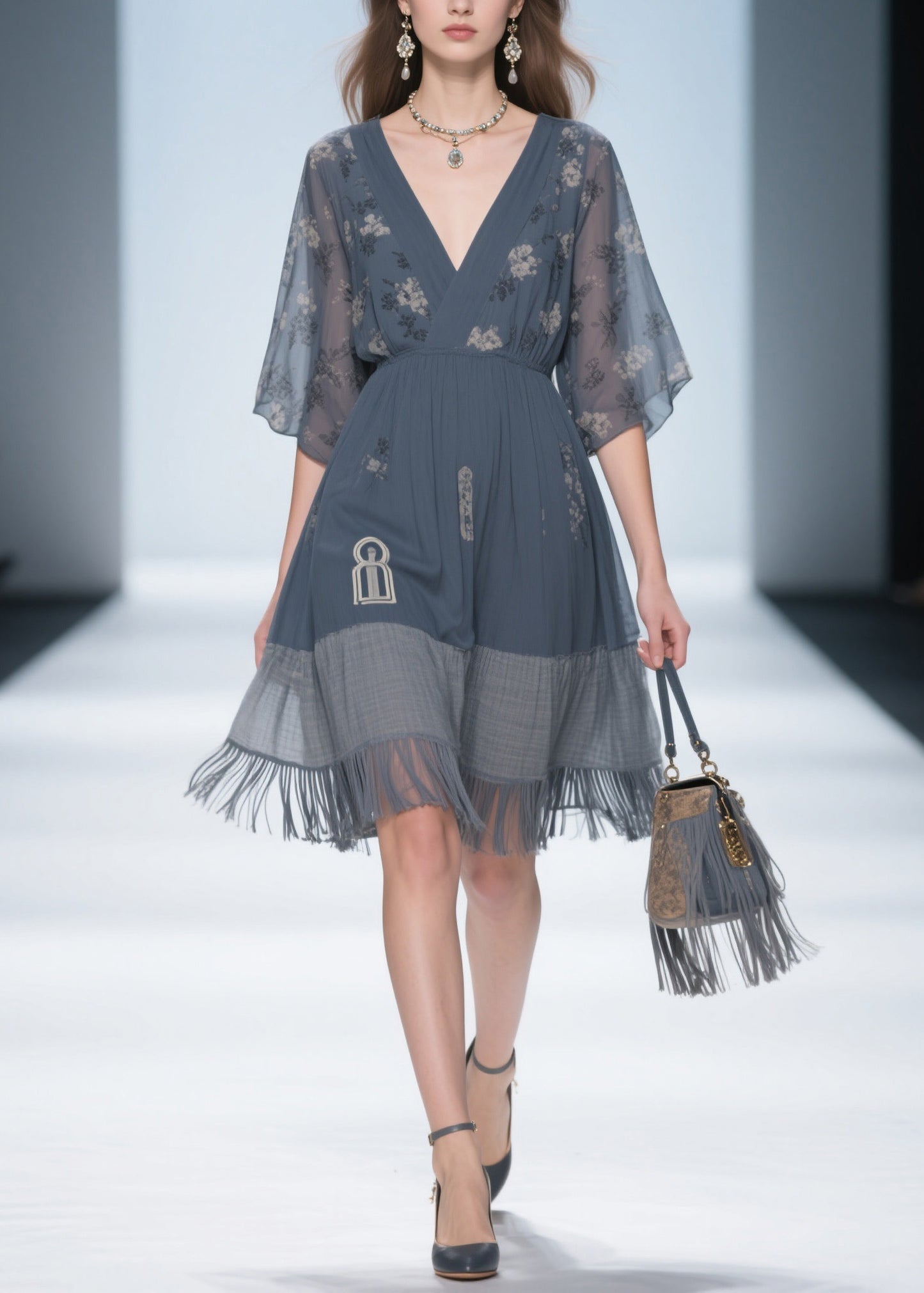 Classy Grey V Neck Tassel Patchwork Cotton Dress Summer