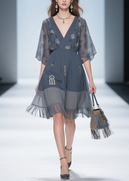 Classy Grey V Neck Tassel Patchwork Cotton Dress Summer