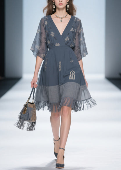 Classy Grey V Neck Tassel Patchwork Cotton Dress Summer