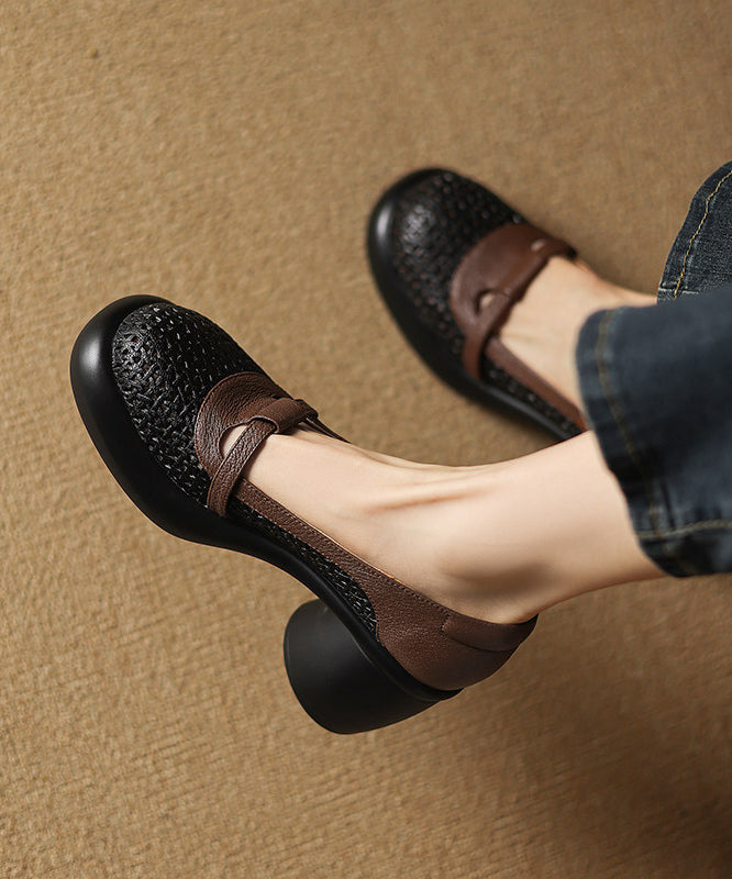 Classy Hollow Out Splicing Chunky High Heels Black Sheepskin