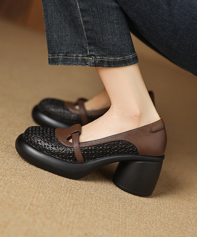 Classy Hollow Out Splicing Chunky High Heels Black Sheepskin
