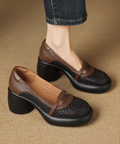 Classy Hollow Out Splicing Chunky High Heels Black Sheepskin