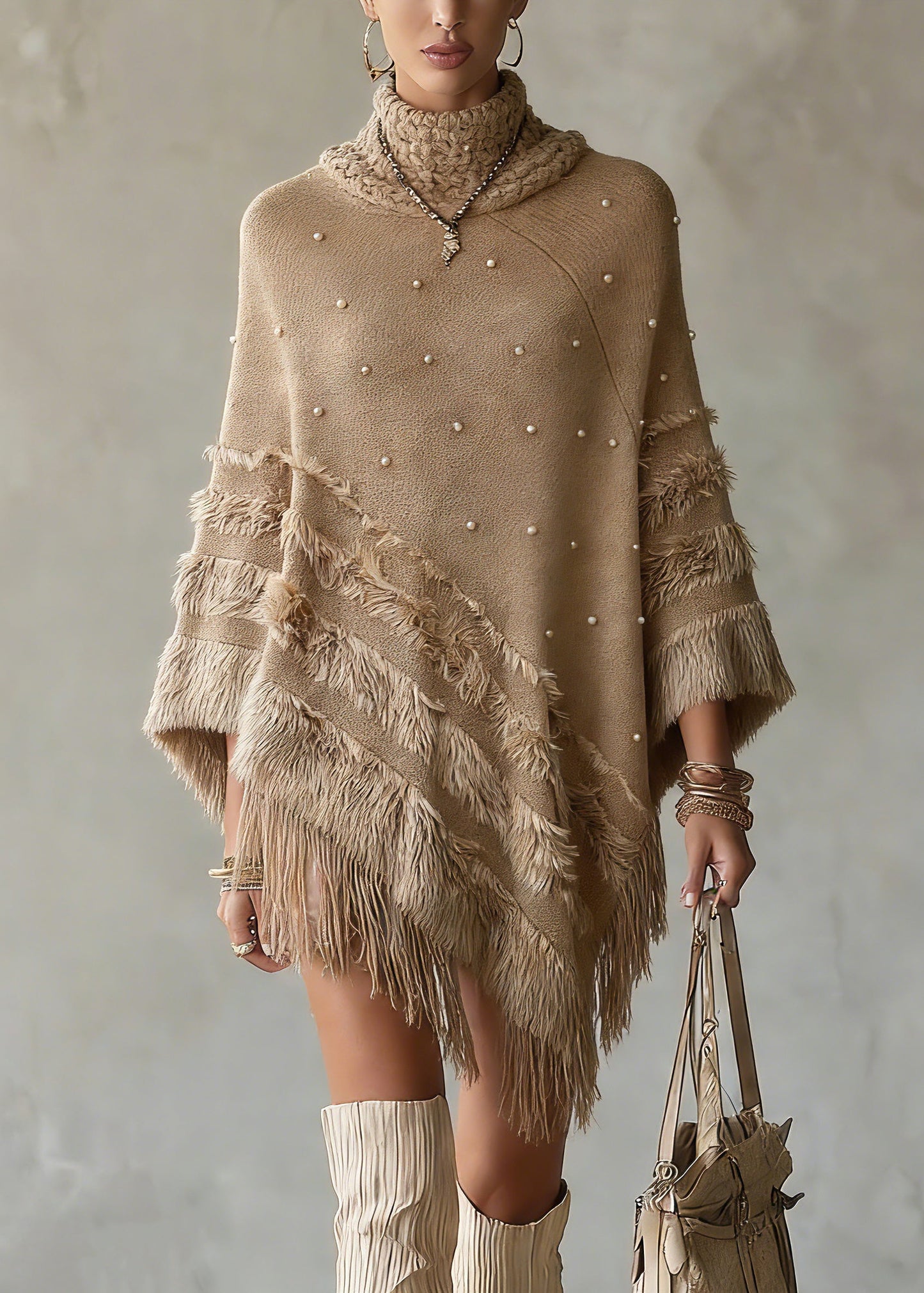 Classy Khaki Asymmetrical Nail Bead Cotton Knit Sweaters Spring