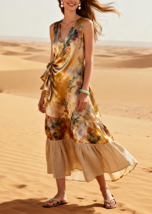 Classy Khaki Asymmetrical Patchwork Linen Silk Robe Dresses Summer