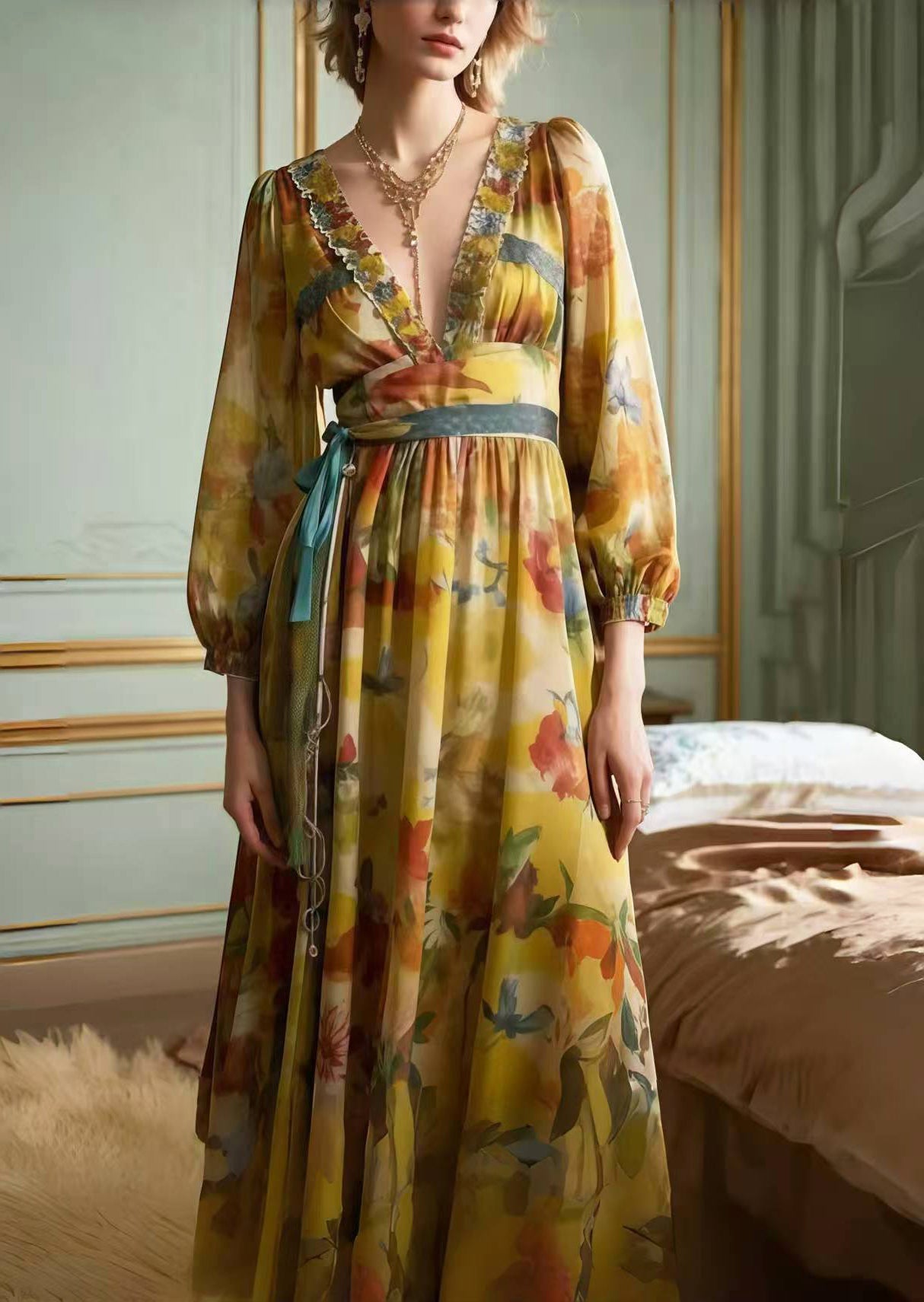 Classy Khaki Cinched Print Chiffon Party Dress Spring