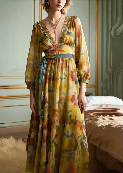 Classy Khaki Cinched Print Chiffon Party Dress Spring