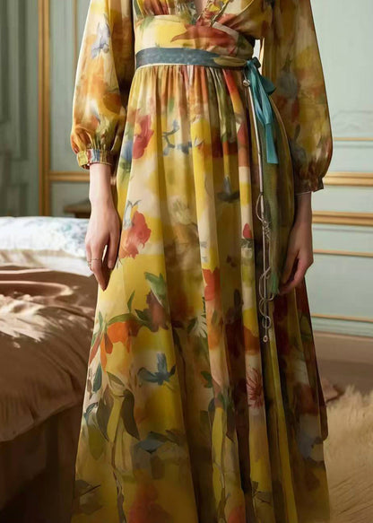 Classy Khaki Cinched Print Chiffon Party Dress Spring