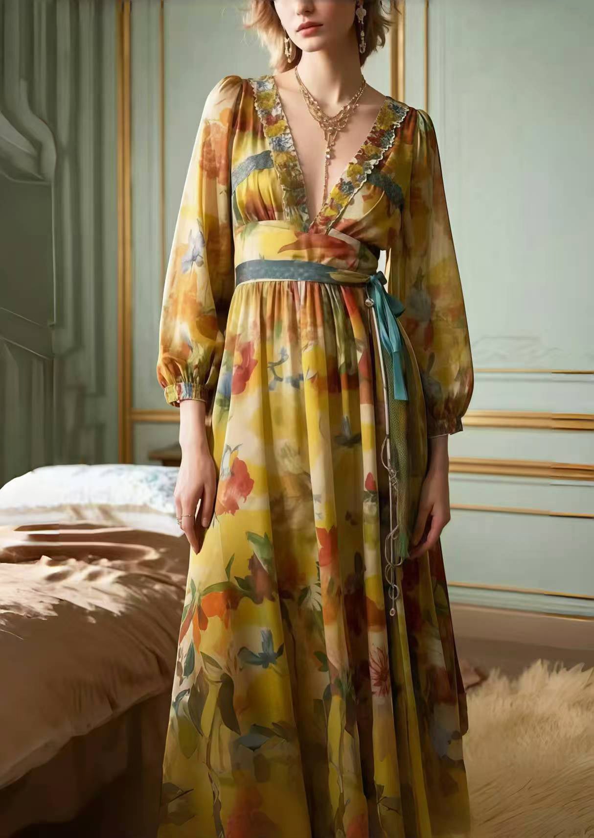 Classy Khaki Cinched Print Chiffon Party Dress Spring