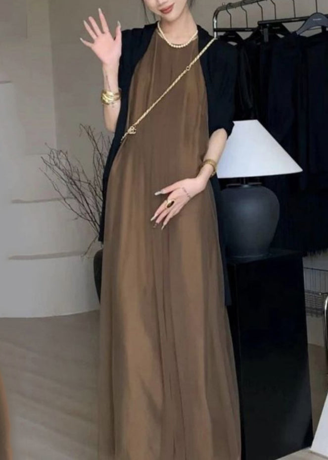 Classy Khaki Draping Chiffon A Line Dresses Sleeveless