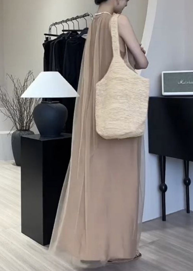 Classy Khaki Draping Chiffon A Line Dresses Sleeveless