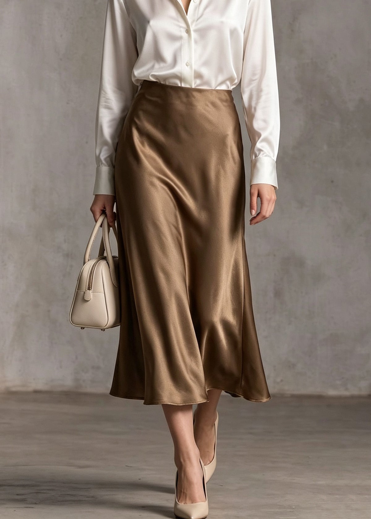 Classy Khaki High Waist Draping Silk Skirts Fall