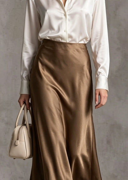 Classy Khaki High Waist Draping Silk Skirts Fall