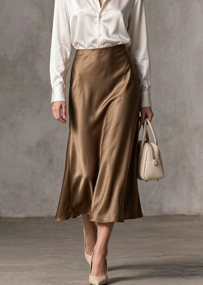 Classy Khaki High Waist Draping Silk Skirts Fall