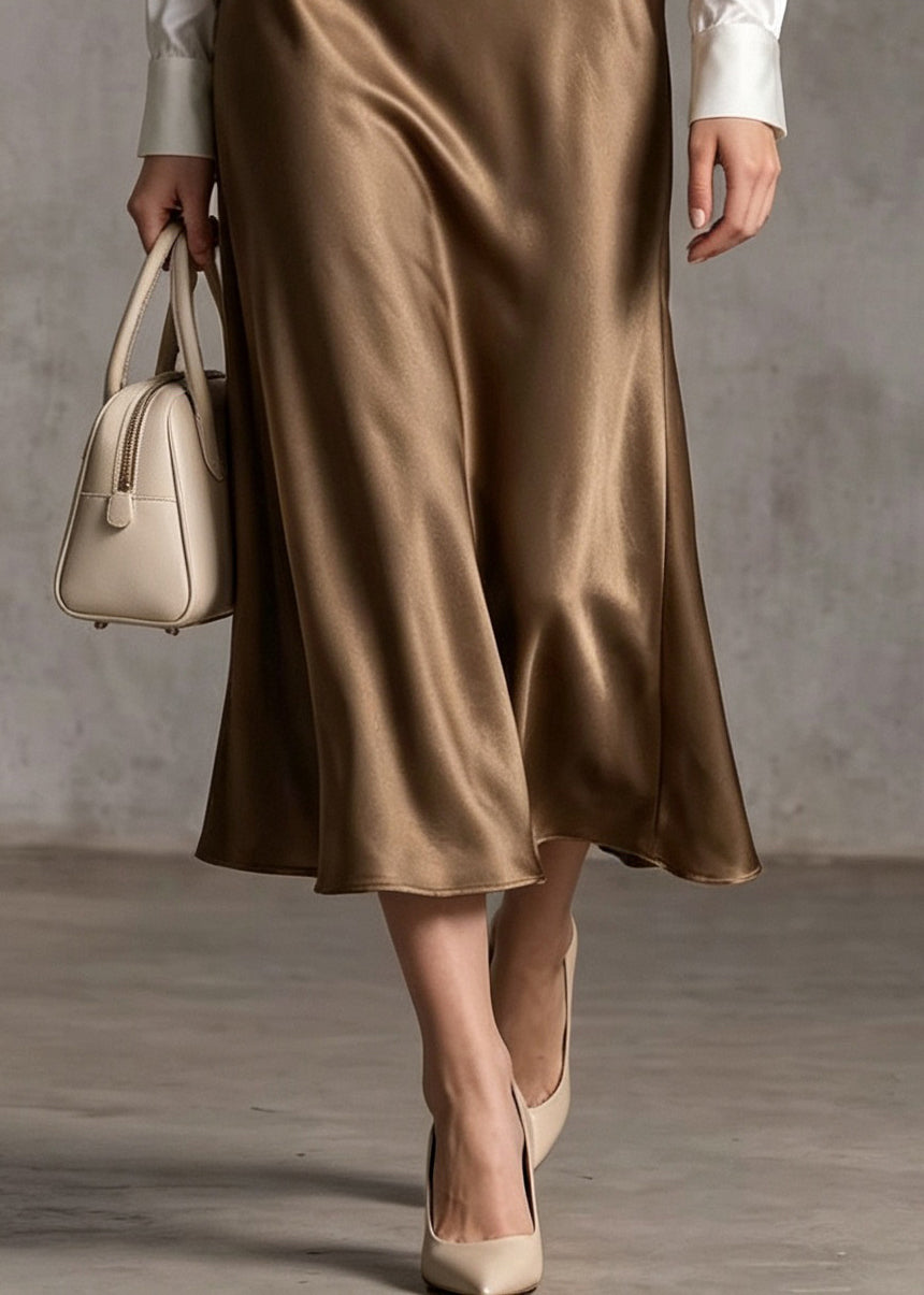 Classy Khaki High Waist Draping Silk Skirts Fall