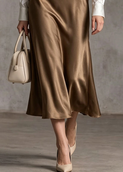 Classy Khaki High Waist Draping Silk Skirts Fall