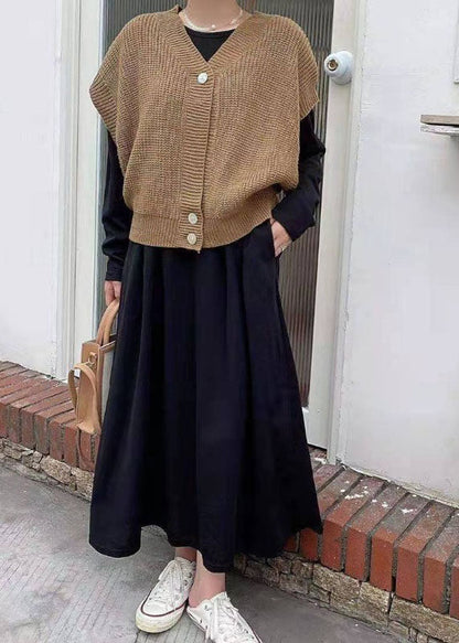 Classy Khaki Knit Vest And O-Neck Long Dresses Cotton Two Piece Set Spring