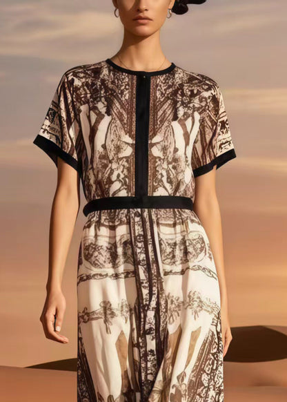 Classy Khaki O-Neck Print Cotton Maxi Dress Summer