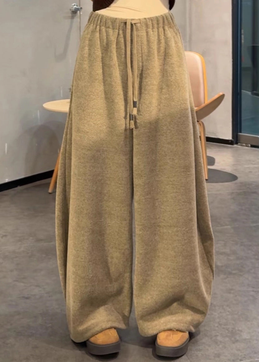 Classy Khaki Oversized Drawstring Cotton Pants Winter