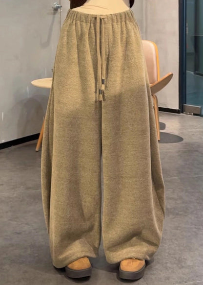 Classy Khaki Oversized Drawstring Cotton Pants Winter