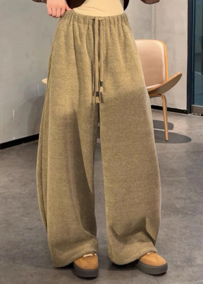 Classy Khaki Oversized Drawstring Cotton Pants Winter