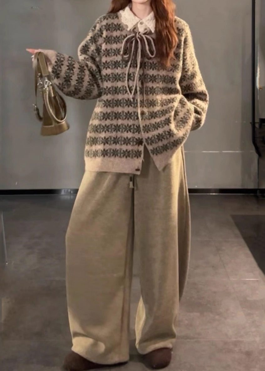 Classy Khaki Oversized Drawstring Cotton Pants Winter