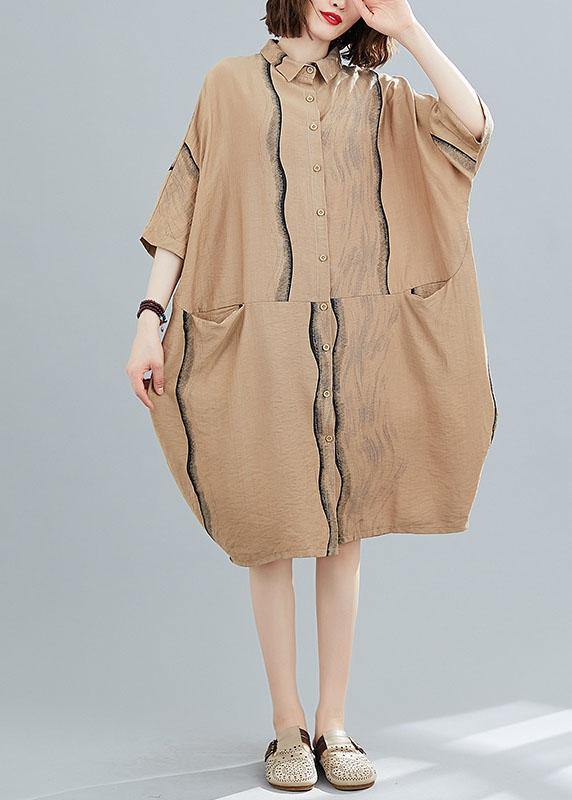 Classy Khaki Patchwork Pockets Summer Half Sleeve Holiday Dress - SooLinen