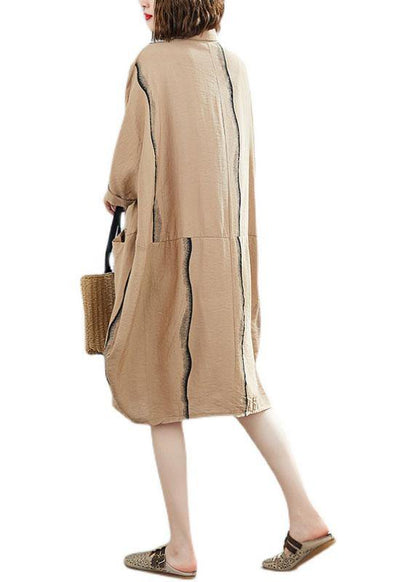 Classy Khaki Patchwork Pockets Summer Half Sleeve Holiday Dress - SooLinen