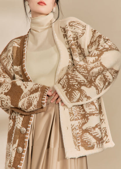 Classy Khaki V Neck Print Pockets Woolen Cardigans Spring