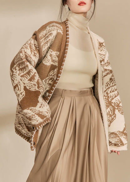 Classy Khaki V Neck Print Pockets Woolen Cardigans Spring