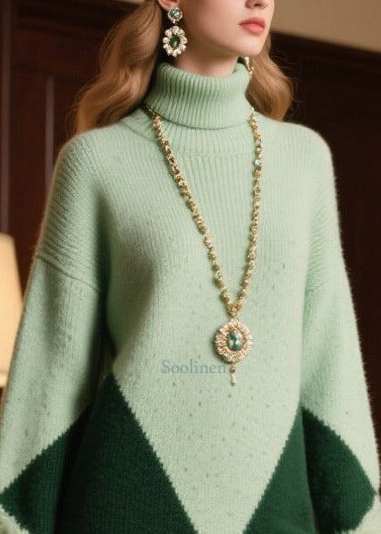 Classy Lake Green Turtle Neck Patchwork Faux Fur Knitted Dress Winter