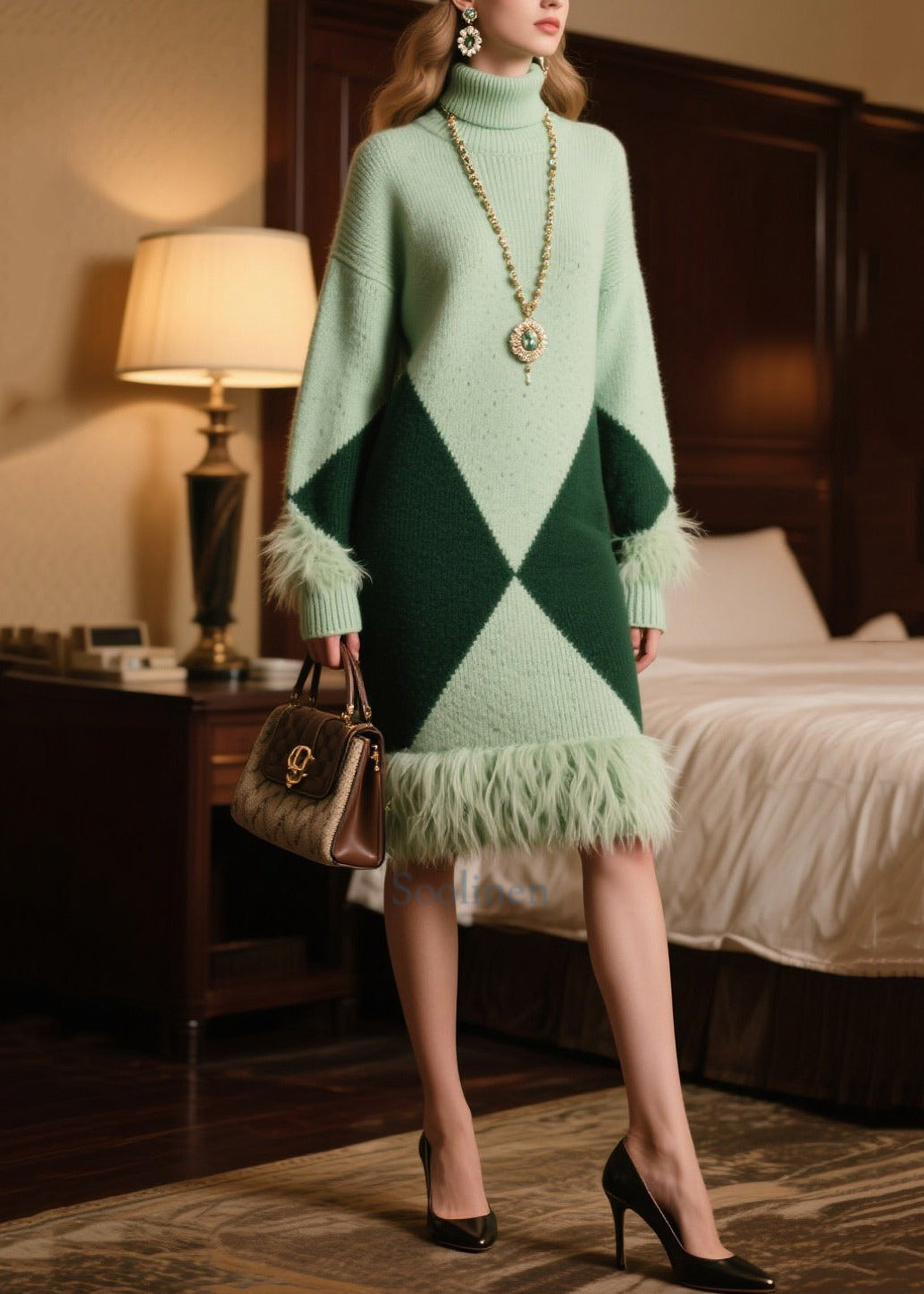 Classy Lake Green Turtle Neck Patchwork Faux Fur Knitted Dress Winter