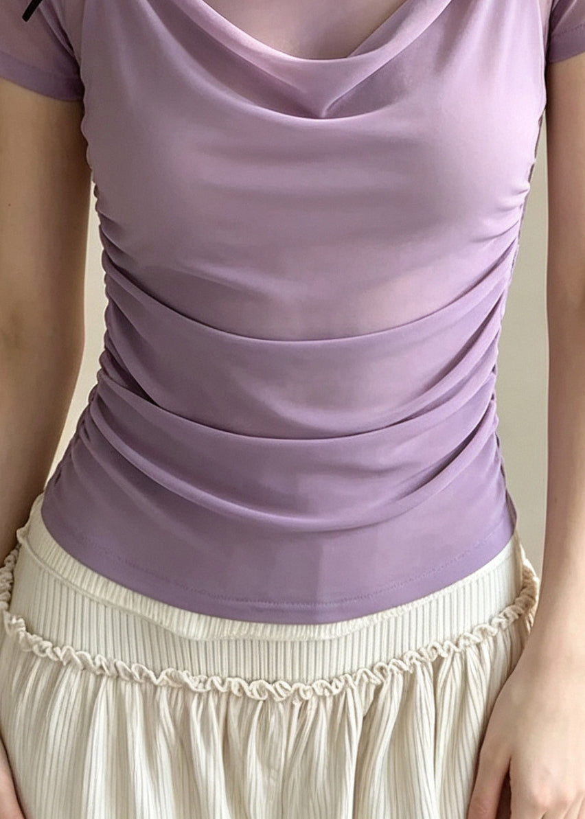 Classy Lavender Bow Patchwork Tulle Fake Two Piece Blouses Summer