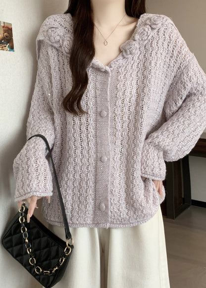 Classy Lavender Sailor Collar Floral Knit Cardigan Fall