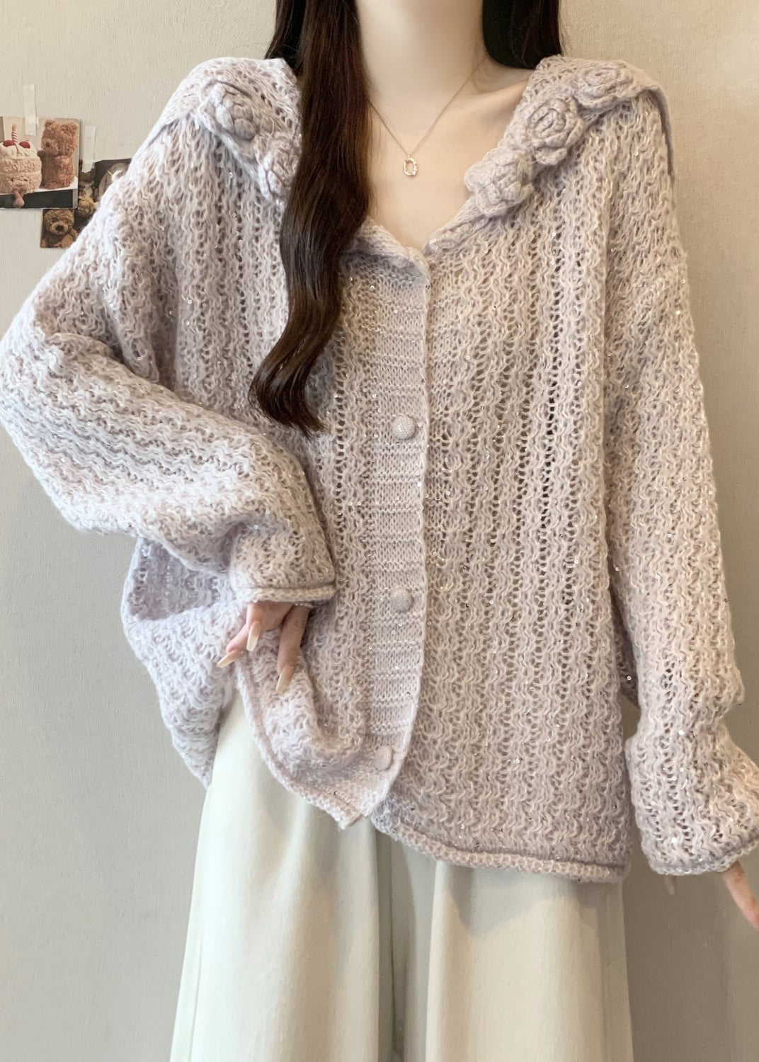 Classy Lavender Sailor Collar Floral Knit Cardigan Fall