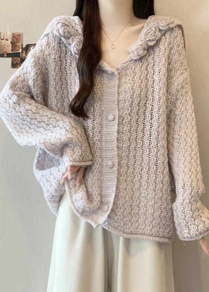 Classy Lavender Sailor Collar Floral Knit Cardigan Fall