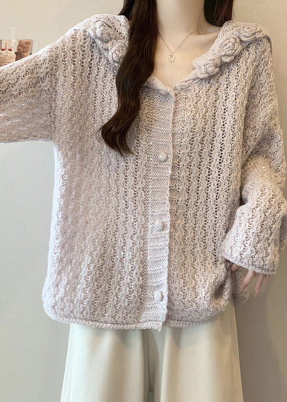 Classy Lavender Sailor Collar Floral Knit Cardigan Fall