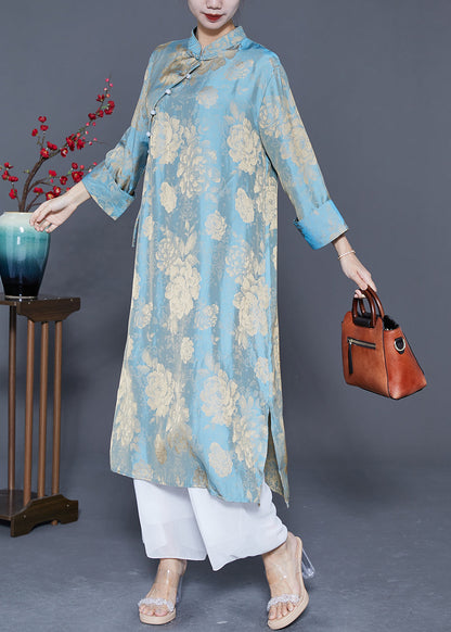 Classy Light Blue Mandarin Collar Print Tassel Silk Dresses Bracelet Sleeve