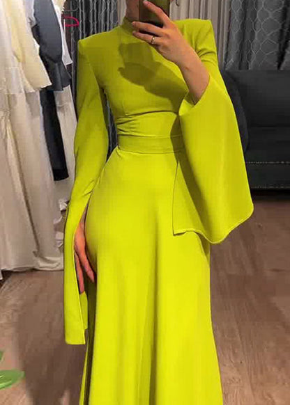 Classy Light Green Stand Collar High Waist Long Vestidos Flare Sleeve