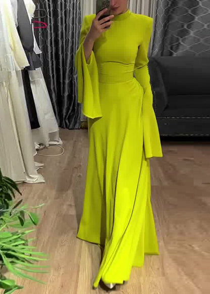 Classy Light Green Stand Collar High Waist Long Vestidos Flare Sleeve
