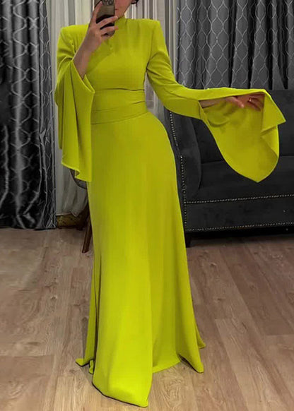 Classy Light Green Stand Collar High Waist Long Vestidos Flare Sleeve