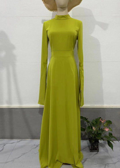 Classy Light Green Stand Collar High Waist Long Vestidos Flare Sleeve