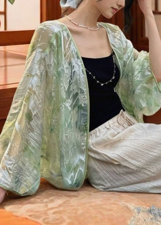 Classy Light Green V Neck Silk Coat Batwing Sleeve