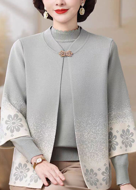Classy Light Grey Print Cotton Knit Coats And Sweater Two Pieces Set Three Quarter Sleeve