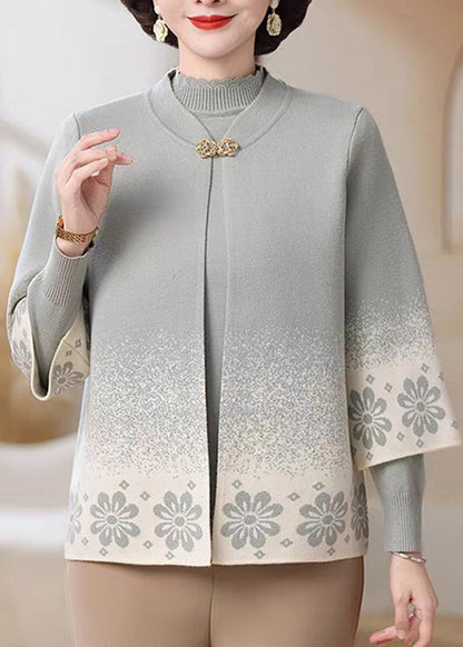 Classy Light Grey Print Cotton Knit Coats And Sweater Two Pieces Set Three Quarter Sleeve