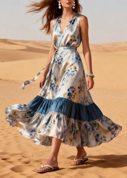Classy Light Grey Print Patchwork Exra Large Hem Silk Party Dress Summer