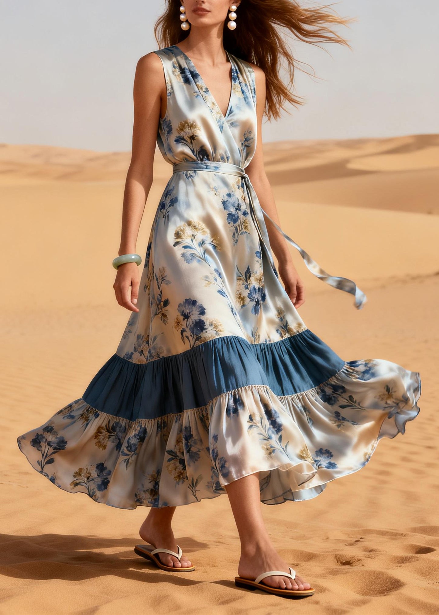 Classy Light Grey Print Patchwork Exra Large Hem Silk Party Dress Summer
