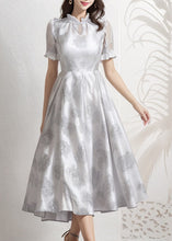 Load image into Gallery viewer, Classy Light Grey Ruffled Print Patchwork Silk Dress Summer