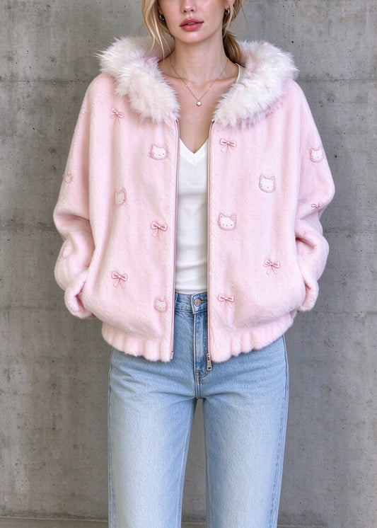 Classy Light Pink Embroidered Faux Fur Trim Hooded Jacket Fall