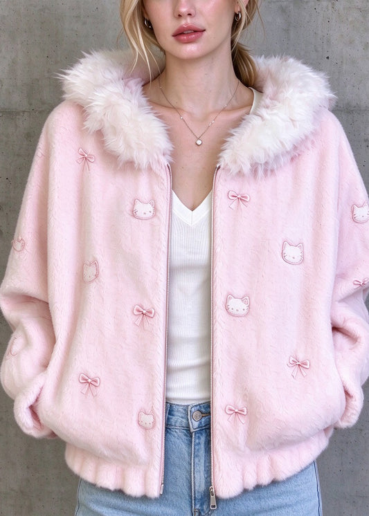 Classy Light Pink Embroidered Faux Fur Trim Hooded Jacket Fall