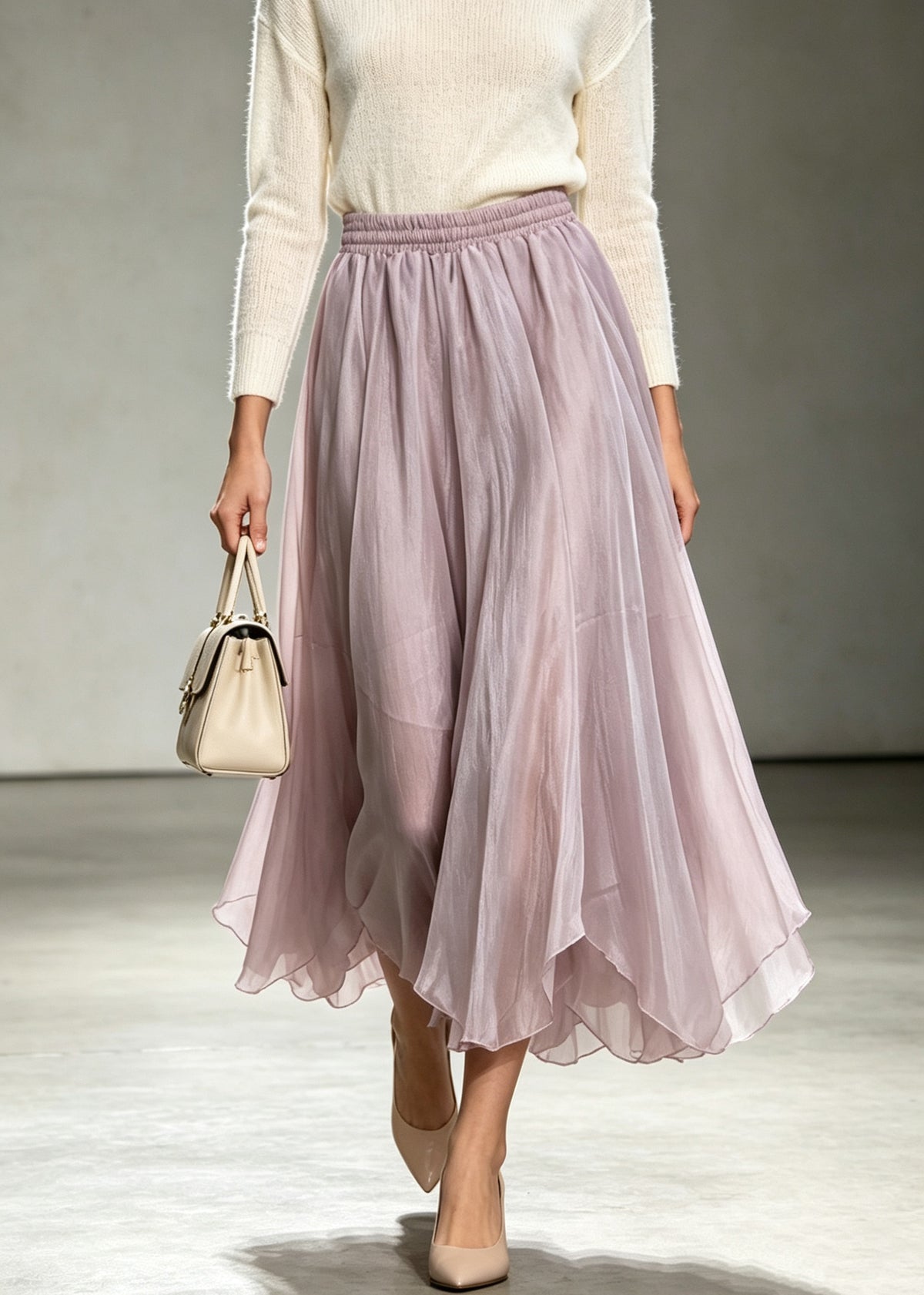Classy Light Purple Asymmetrical Elastic Waist Tulle Skirts Fall